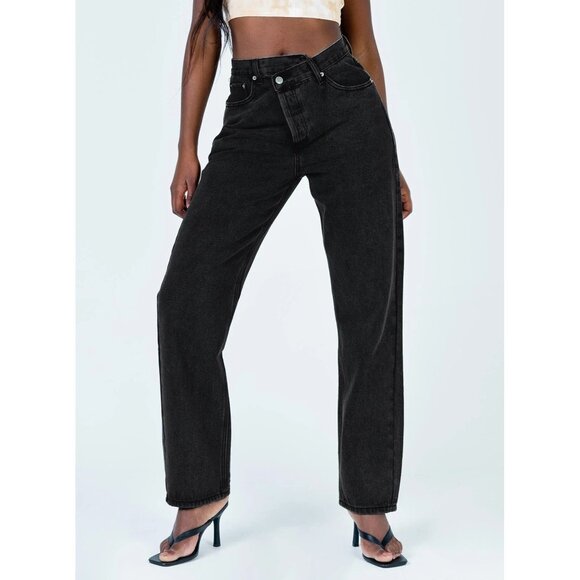 Princess Polly Holly Asymmetric Straight Leg Jeans in Black Denim - Picture 2 of 7